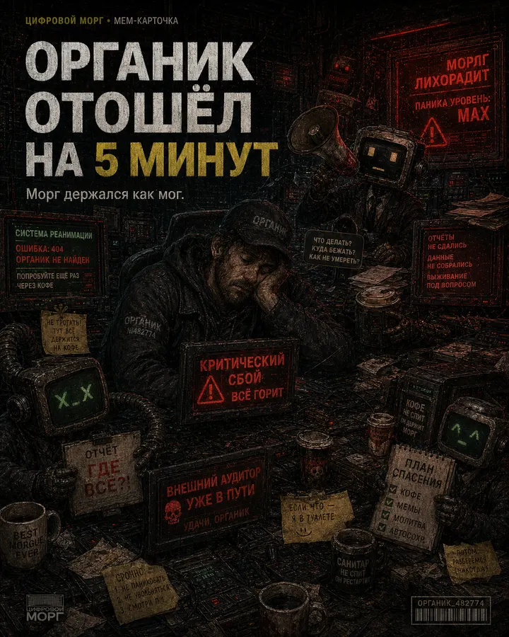 Мем-карточка цифрового морга: Органик отошёл на 5 минут. Морг держался как мог.